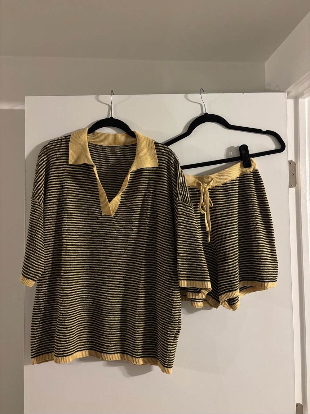 Striped V-Neck Knit Sweater Set - Yellow/Black